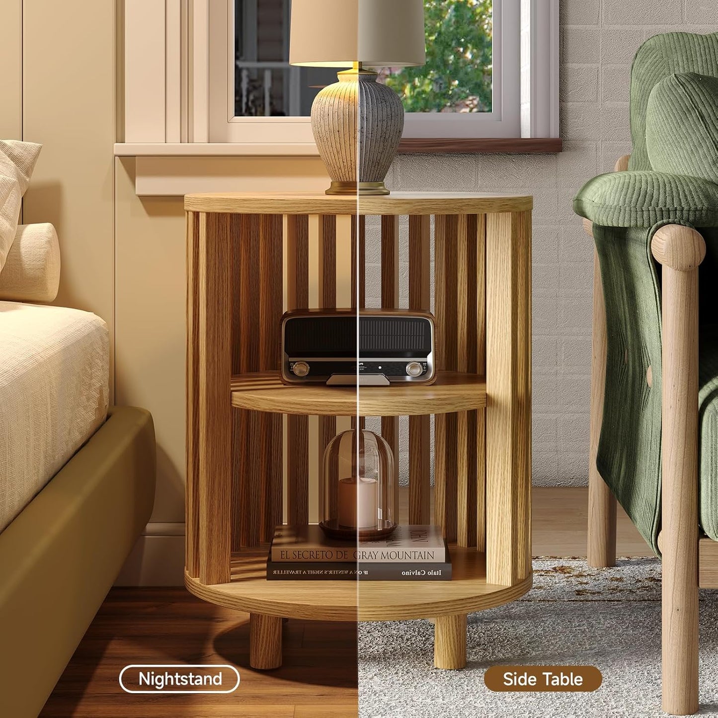 Round End Table, Wood Side Tables, Mid Century Modern Nightstand with 2 Tier Storage, Small Circle Bedside Table for Small Spaces, Living Room, Curved Profile Design, 19.7" Tall, Oak (1-Pack)