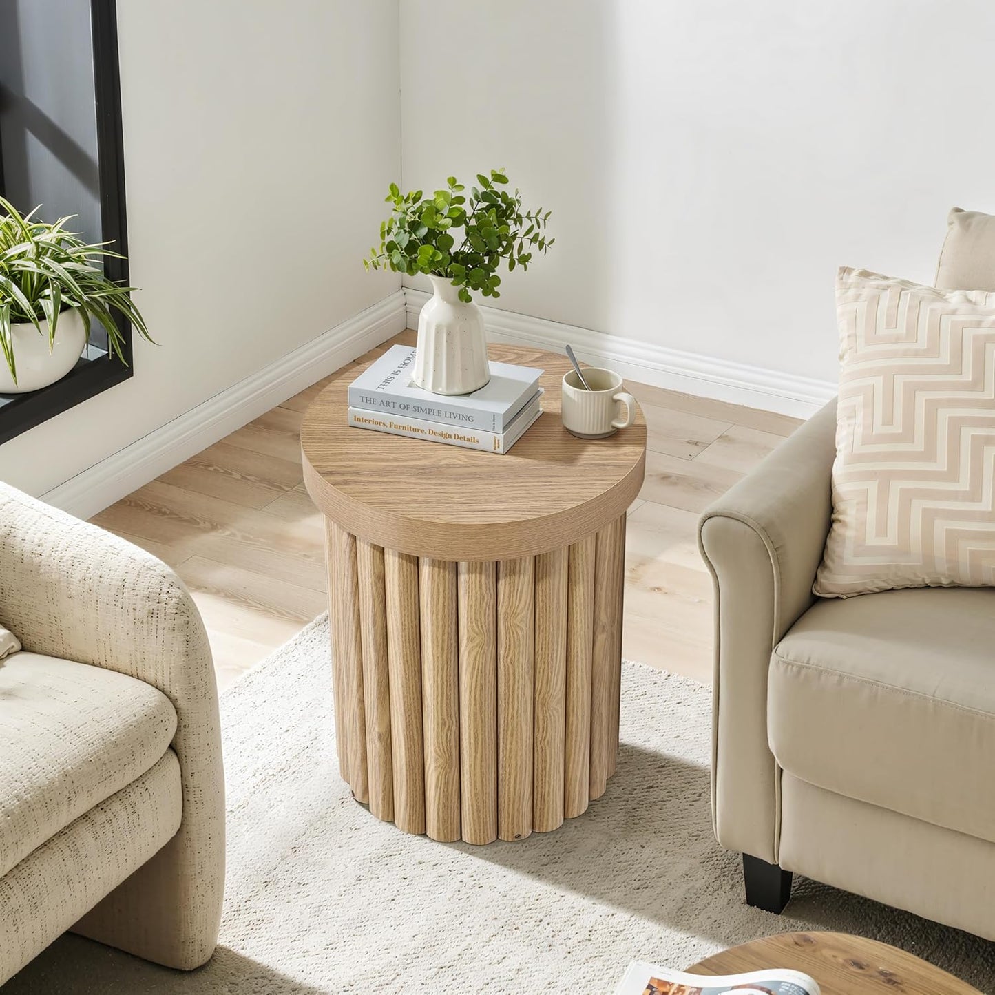 LuxenHome Wood Round Side Table, 19" Fluted End Table for Small Spaces, Mid Century Modern Wooden Accent Tables, Small Bedside Table, Couch Side Table, Nightstand for Living Room Bedroom Couch