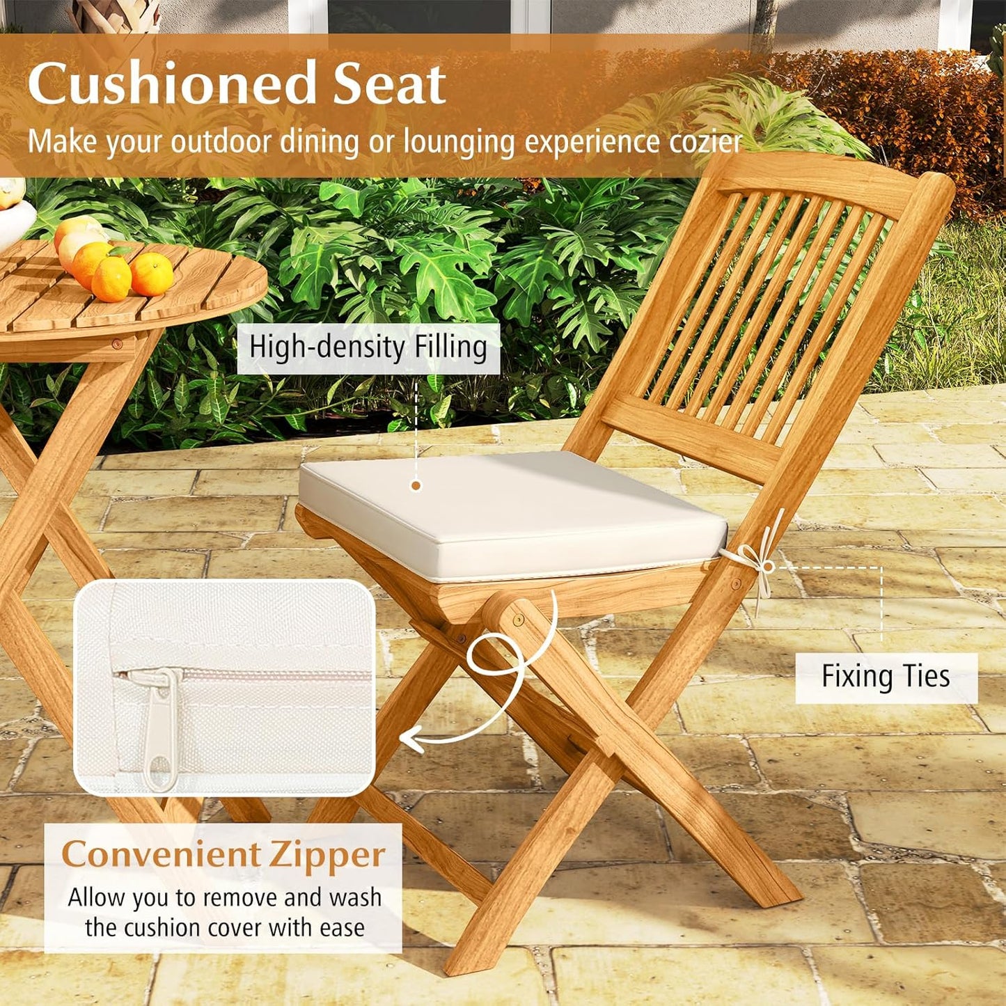 Tangkula 2 Pieces Folding Outdoor Dining Chairs, Acacia Wood Patio Chairs with Soft Cushions, Slatted Backrests and Seats, Outdoor Chairs for Porch, Balcony, Deck and Yard (One-Size,Beige,2)