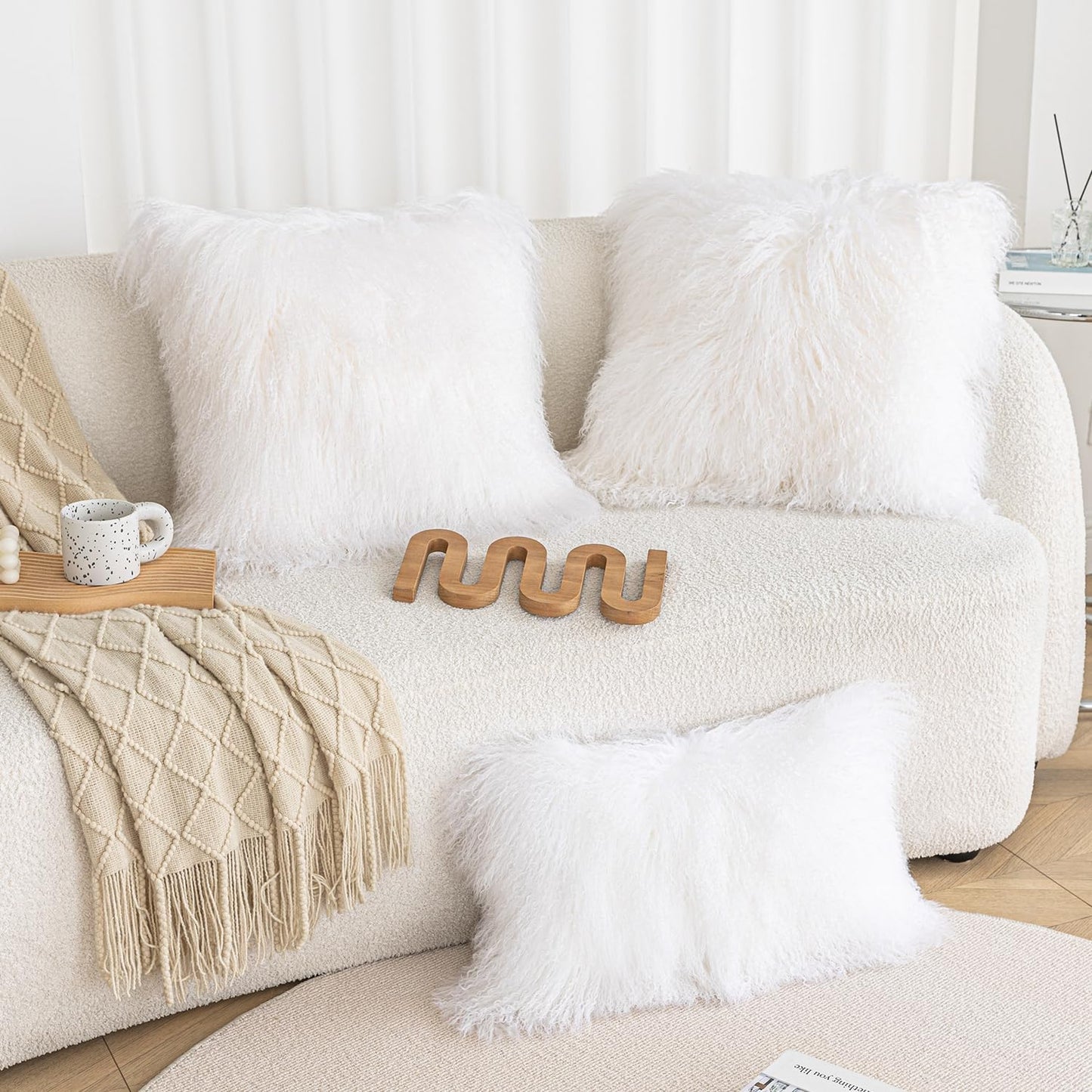 Real 100% Tibetan Mongolian Lamb Sheepskin Wool Fur Throw Pillow Covers White 18x18 Inch, Super Soft Plush Leather Accent Pillowcase Decorative Cushion Cover for Living Room Bedroom