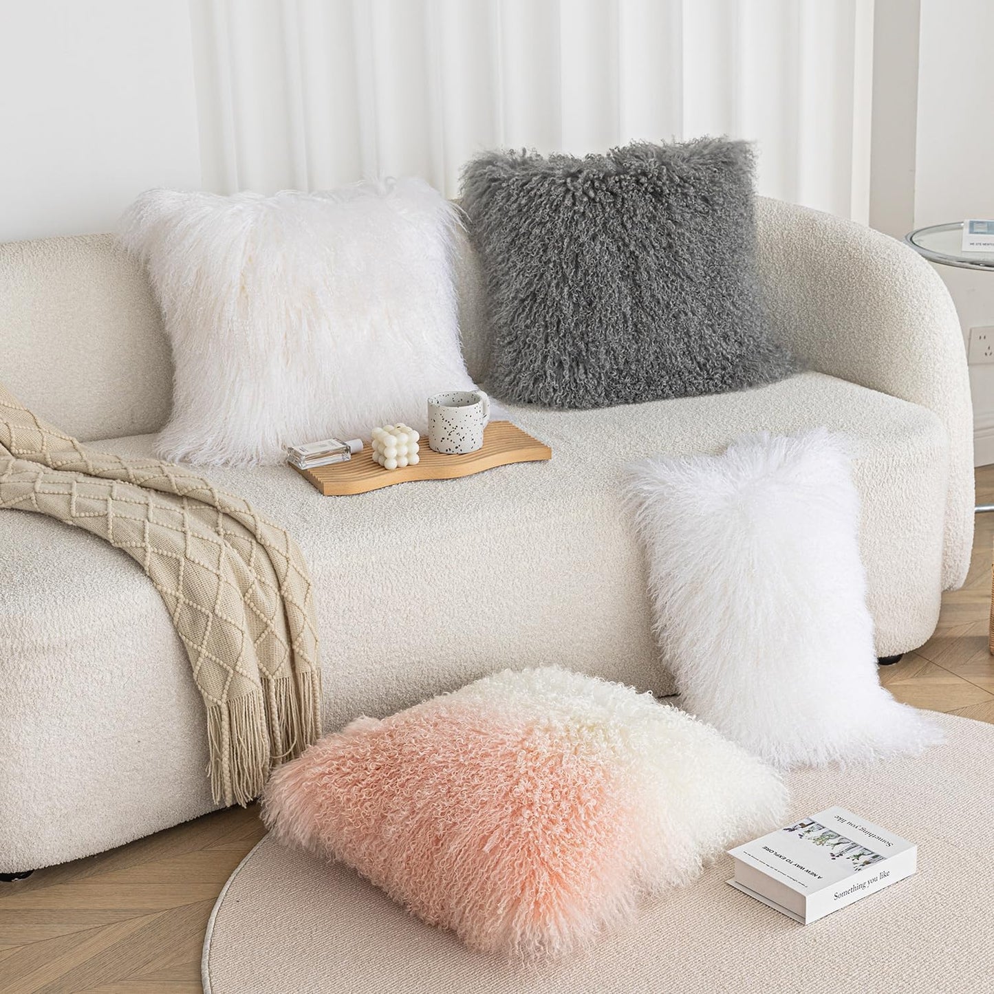 Real 100% Tibetan Mongolian Lamb Sheepskin Wool Fur Throw Pillow Covers White 18x18 Inch, Super Soft Plush Leather Accent Pillowcase Decorative Cushion Cover for Living Room Bedroom