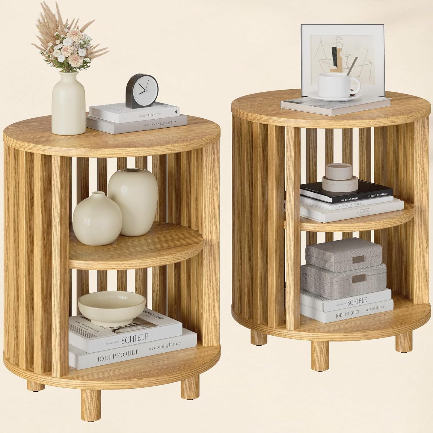 Round End Table, Wood Bedside Table, Mid Century Modern Nightstand with Open Storage Shelf, 3 Tier Small Side Tables for Living Room, Bedroom, Curved Profile Design, Natural Oak(1-Pack)