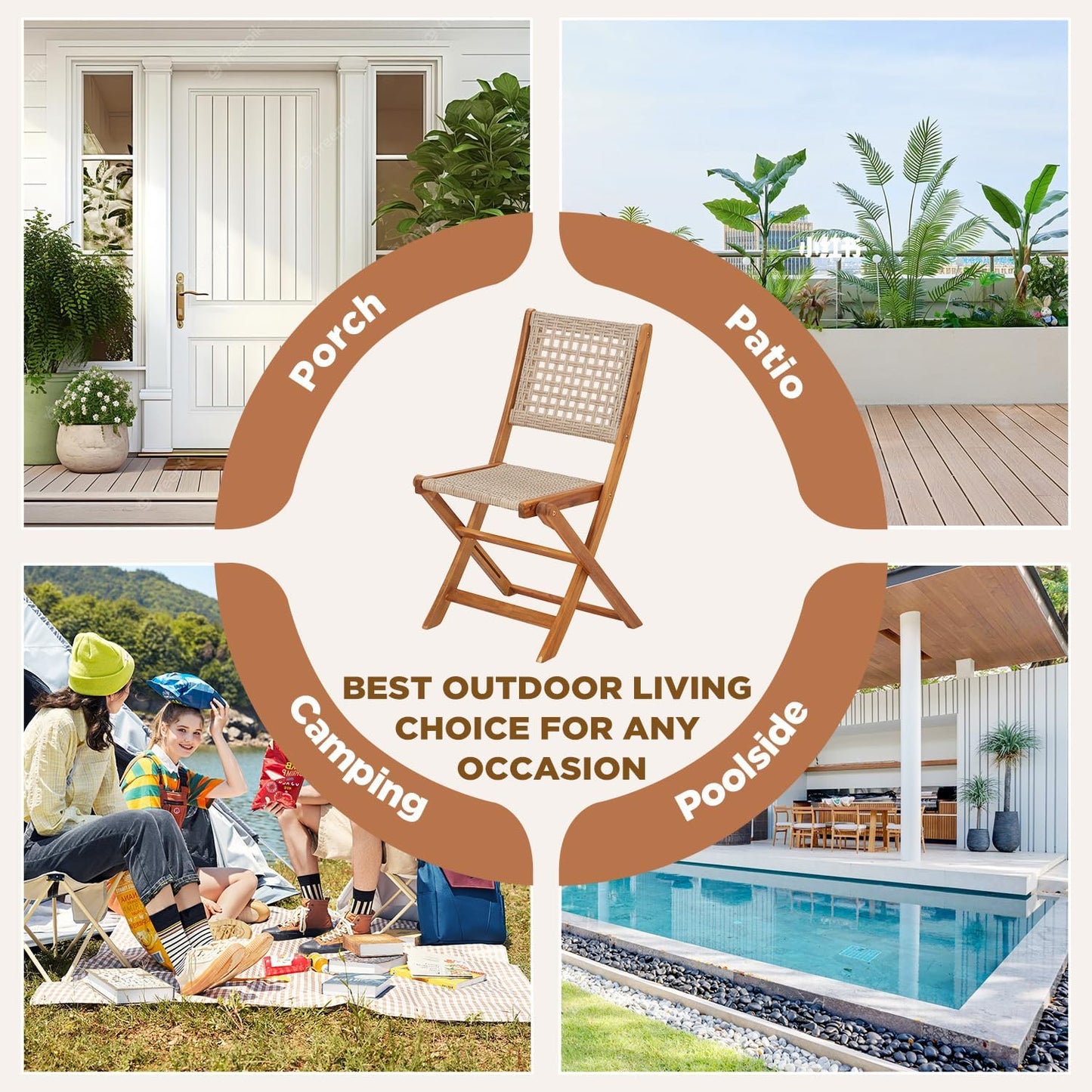 Outdoor Folding Chairs Set of 2, Wooden Patio Dining Chairs with High Back, Grey Rattan Farmhouse Style Deck Chair for Backyard, Porch, or Indoor Use