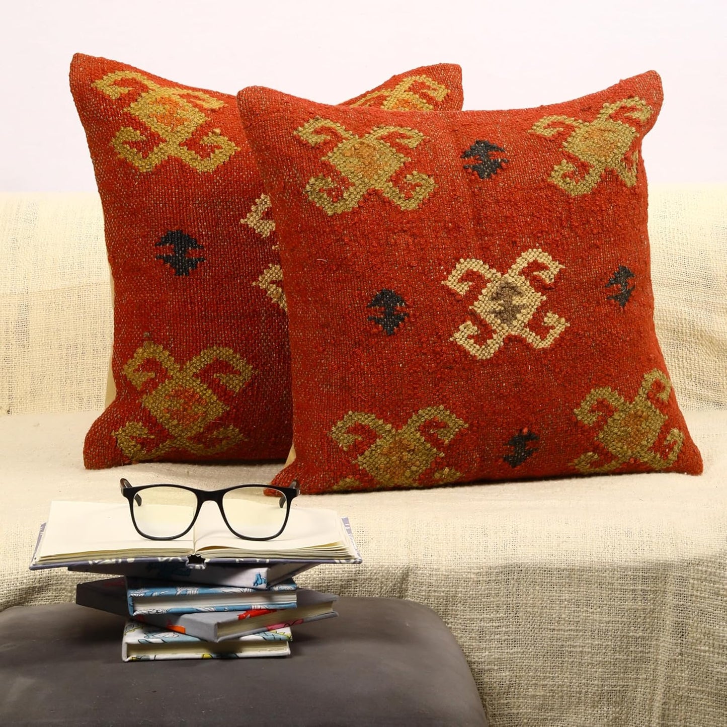 Trade Star Set of 2 Kilim Cushion Cover Handloomed Rug Decorative Cushion case 70% Jute 30% Wool Pillow Shams 18x18 Inches Handwoven Designer Pillowcase (Kilim 11)