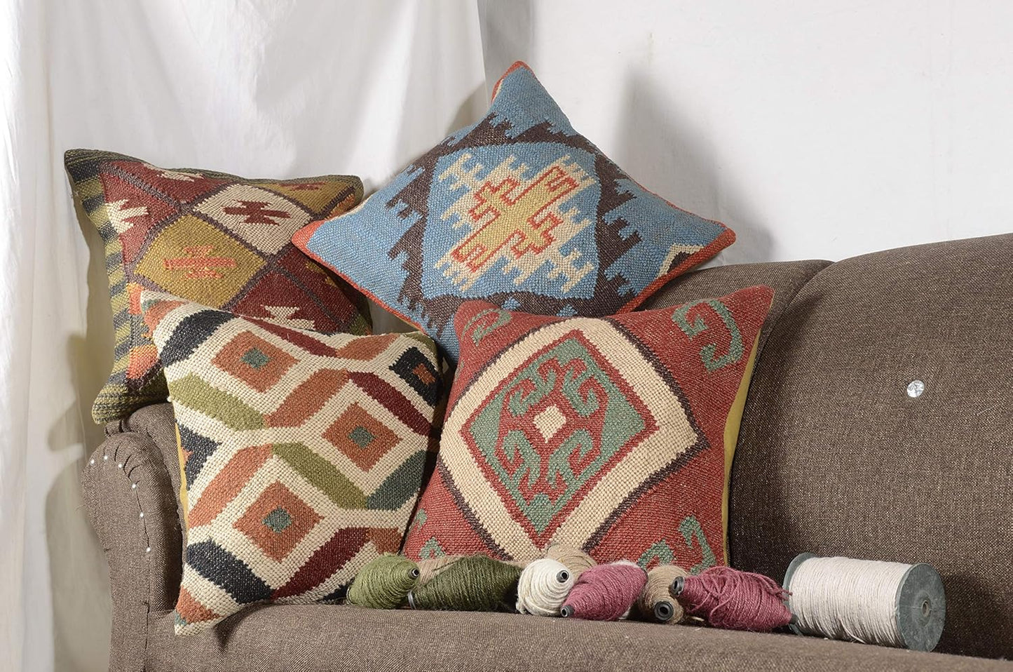 Boho Throw Pillow Covers Set of 4 | Handcrafted Kilim Wool & Jute Cushion Covers | 18x18 Inch Ethnic Decorative Pillowcases for Sofa, Couch, Bedroom & Living Room – Pattern 12
