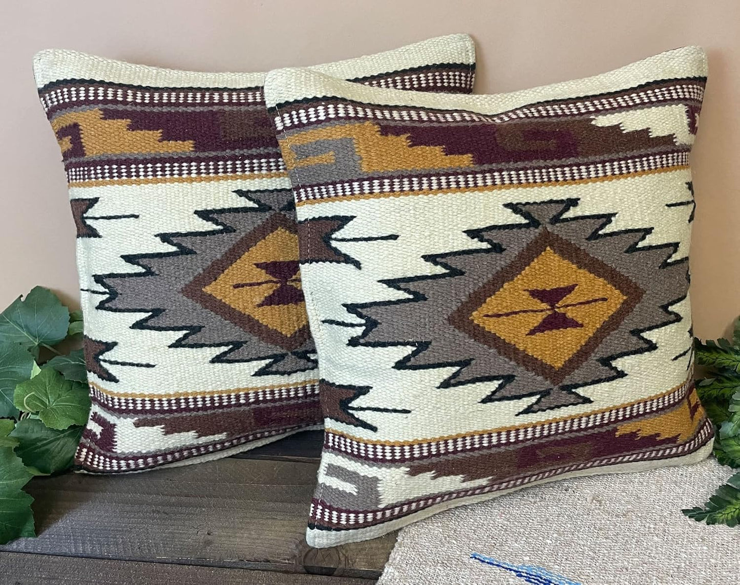 Mission Del Rey Southwestern Wool Throw Pillow Covers 18x18 - (Pair) 2 Hand Woven Western Pattern for Native American Style and Rustic Cabin Decor (Cheyenne)