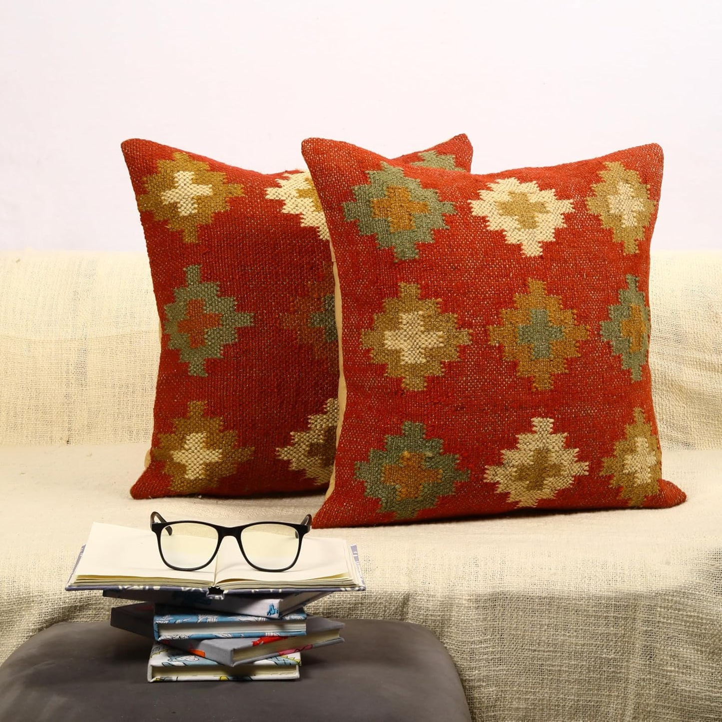 Trade Star Set of 2 Kilim Cushion Cover Handloomed Rug Decorative Cushion case 70% Jute 30% Wool Pillow Shams 18x18 Inches Handwoven Designer Pillowcase (Kilim 11)