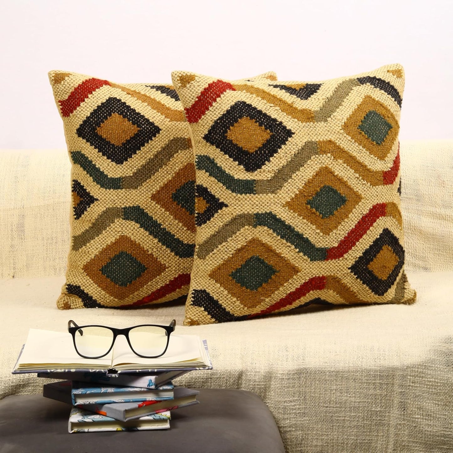 Trade Star Set of 2 Kilim Cushion Cover Handloomed Rug Decorative Cushion case 70% Jute 30% Wool Pillow Shams 18x18 Inches Handwoven Designer Pillowcase (Kilim 11)