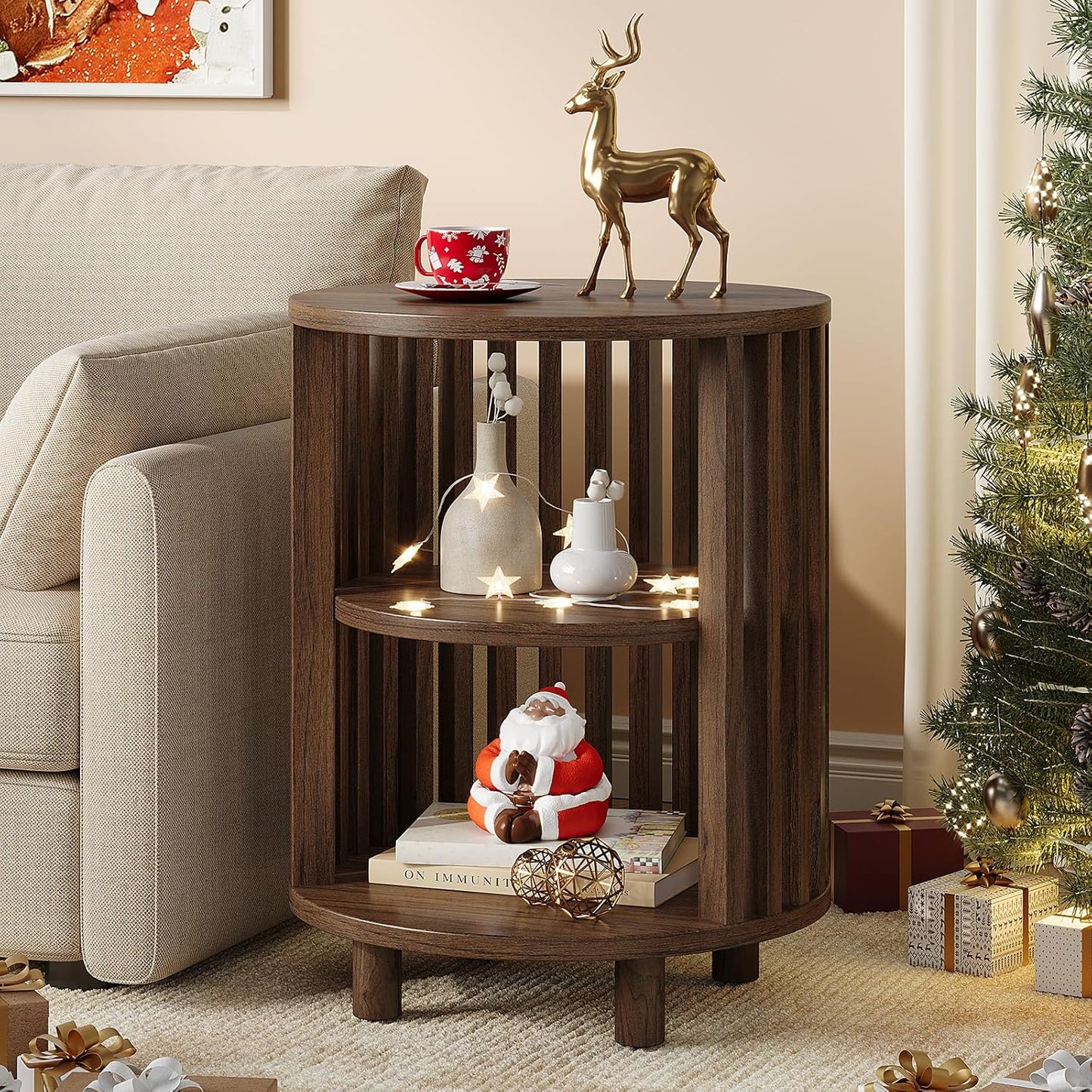 Round End Table, Wood Bedside Table, Mid Century Modern Nightstand with Open Storage Shelf, 3 Tier Small Side Tables for Living Room, Bedroom, Curved Profile Design, Natural Oak(1-Pack)