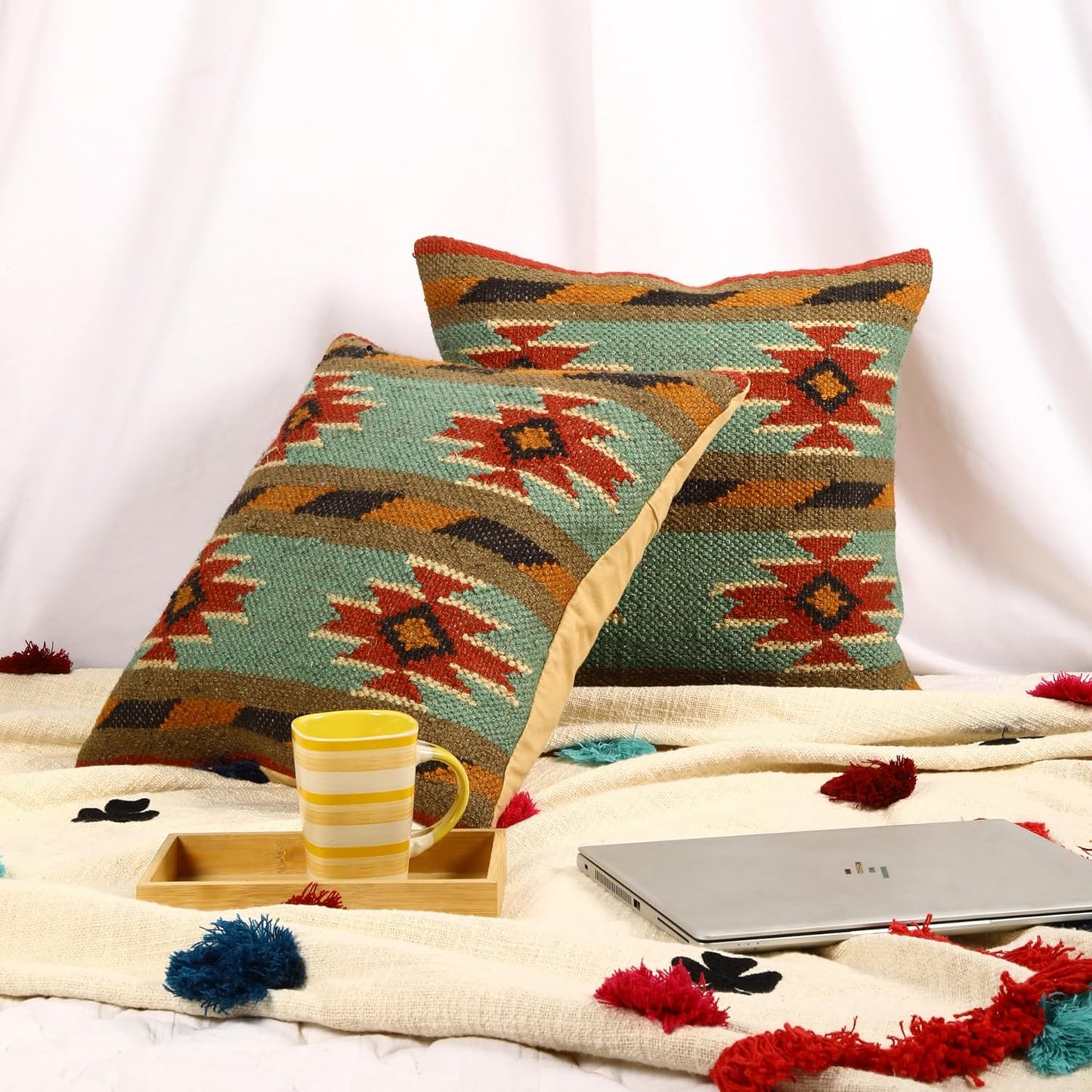 Trade Star Set of 2 Kilim Cushion Cover Handloomed Rug Decorative Cushion case 70% Jute 30% Wool Pillow Shams 18x18 Inches Handwoven Designer Pillowcase (Kilim 11)