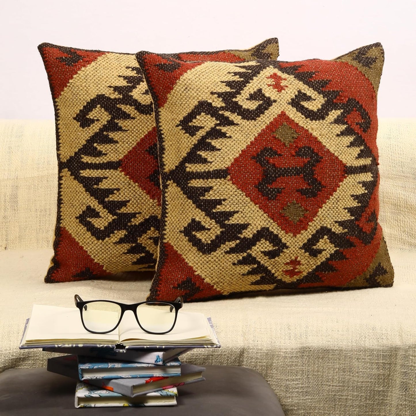 Trade Star Set of 2 Kilim Cushion Cover Handloomed Rug Decorative Cushion case 70% Jute 30% Wool Pillow Shams 18x18 Inches Handwoven Designer Pillowcase (Kilim 11)