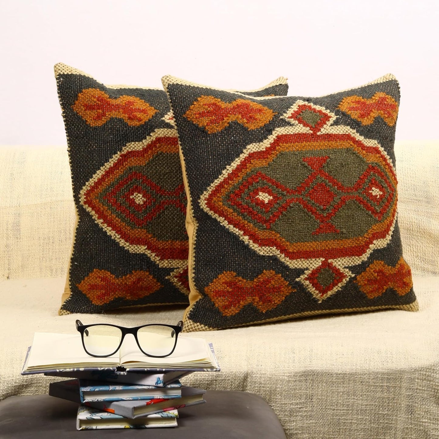 Trade Star Set of 2 Kilim Cushion Cover Handloomed Rug Decorative Cushion case 70% Jute 30% Wool Pillow Shams 18x18 Inches Handwoven Designer Pillowcase (Kilim 11)