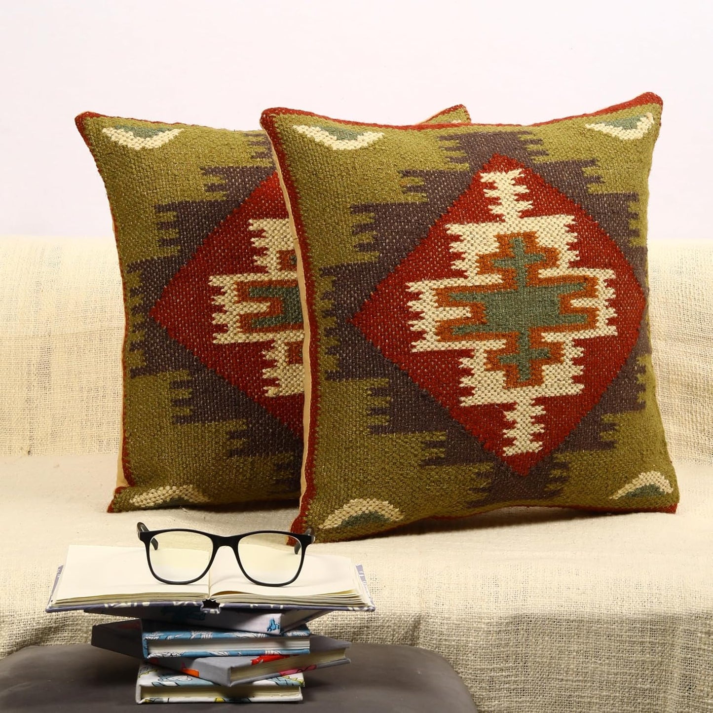 Trade Star Set of 2 Kilim Cushion Cover Handloomed Rug Decorative Cushion case 70% Jute 30% Wool Pillow Shams 18x18 Inches Handwoven Designer Pillowcase (Kilim 11)