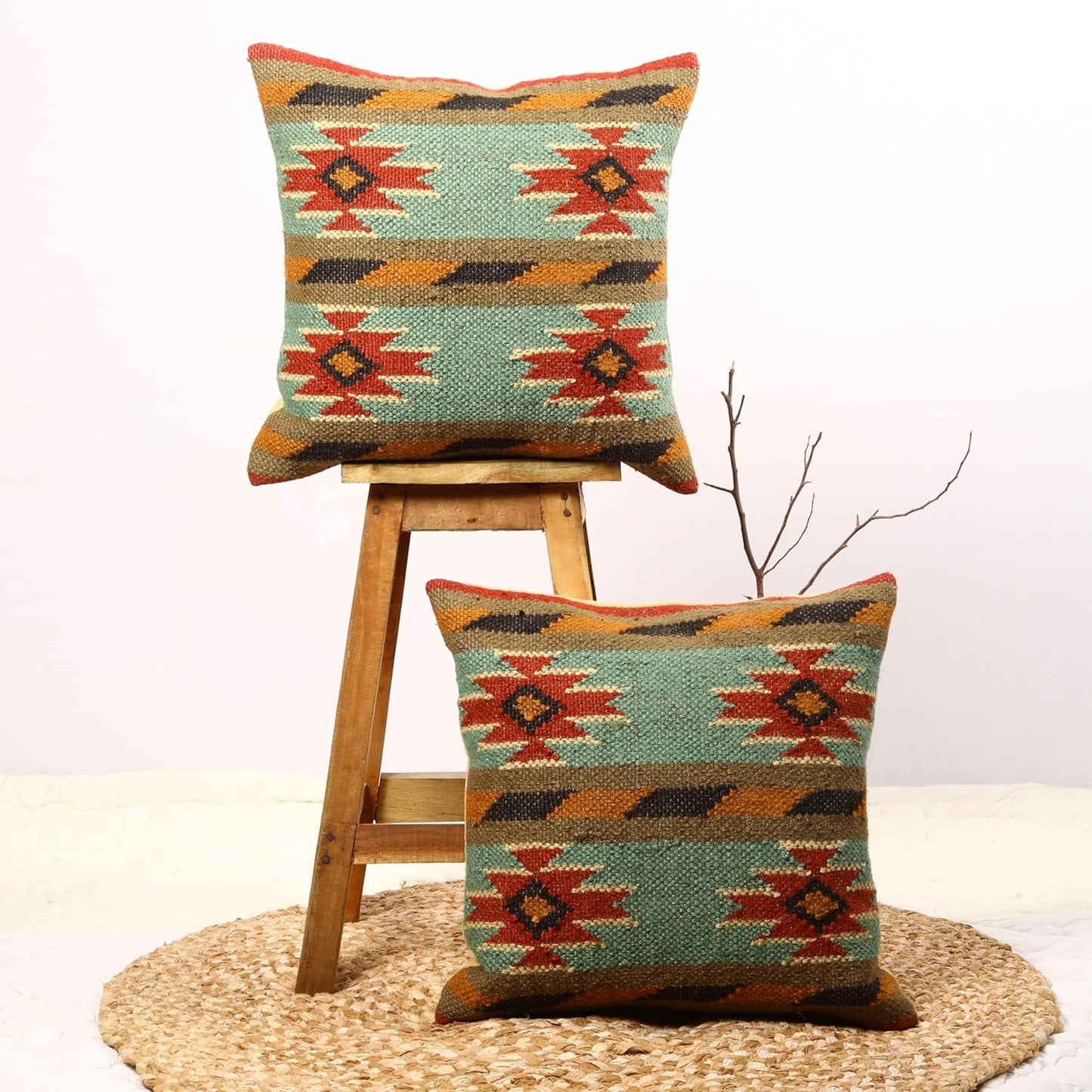 Trade Star Set of 2 Kilim Cushion Cover Handloomed Rug Decorative Cushion case 70% Jute 30% Wool Pillow Shams 18x18 Inches Handwoven Designer Pillowcase (Kilim 11)