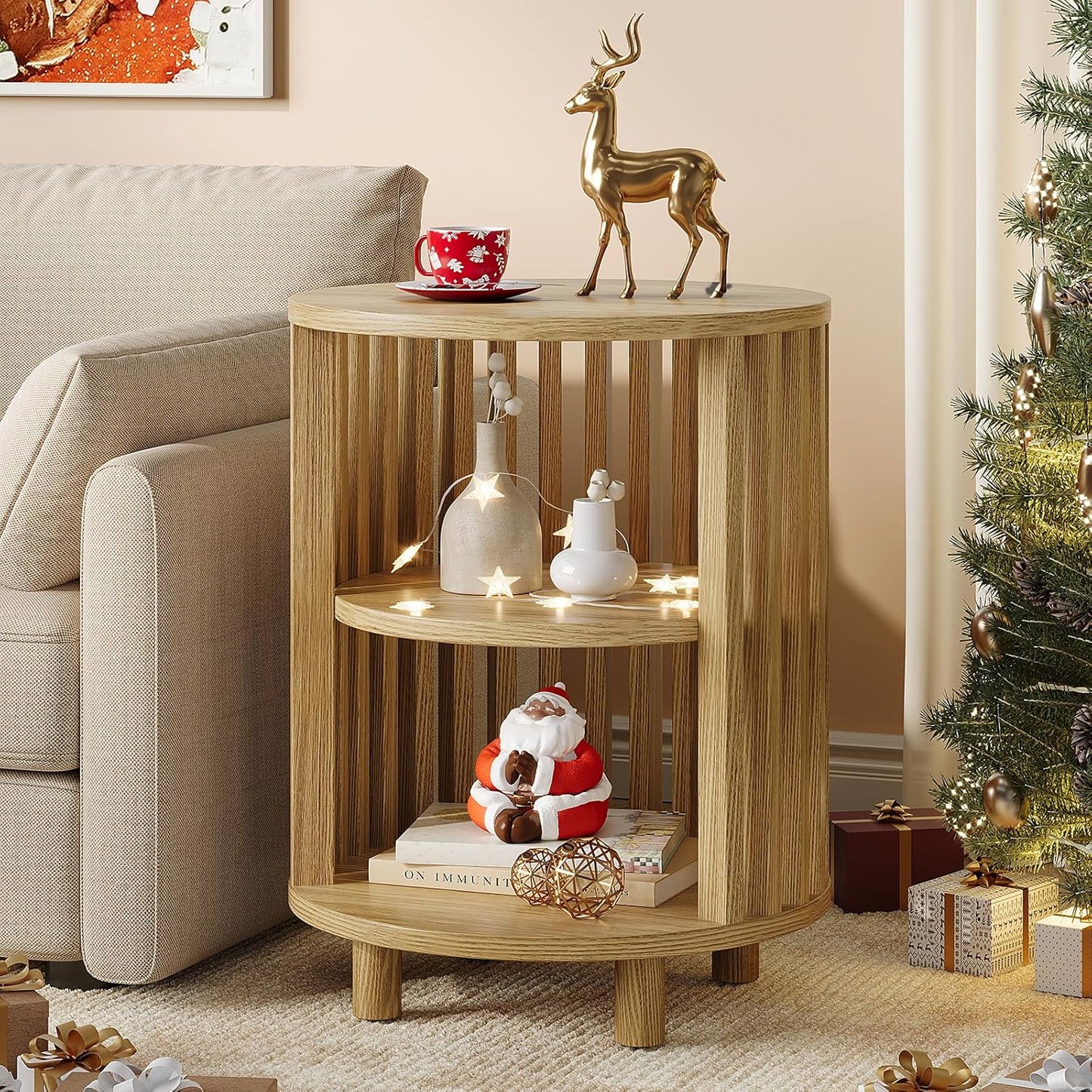 Round End Table, Wood Bedside Table, Mid Century Modern Nightstand with Open Storage Shelf, 3 Tier Small Side Tables for Living Room, Bedroom, Curved Profile Design, Natural Oak(1-Pack)