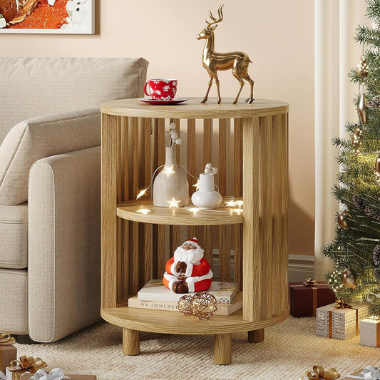 Round End Table, Wood Bedside Table, Mid Century Modern Nightstand with Open Storage Shelf, 3 Tier Small Side Tables for Living Room, Bedroom, Curved Profile Design, Natural Oak(1-Pack)