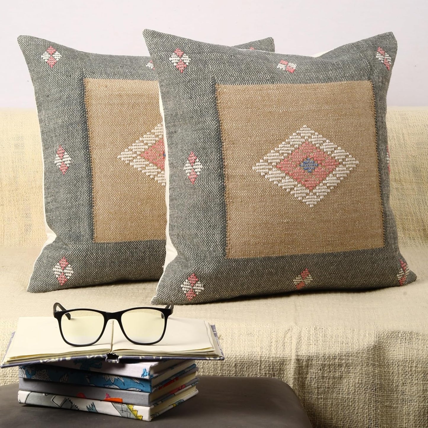 Trade Star Set of 2 Kilim Cushion Cover Handloomed Rug Decorative Cushion case 70% Jute 30% Wool Pillow Shams 18x18 Inches Handwoven Designer Pillowcase (Kilim 11)