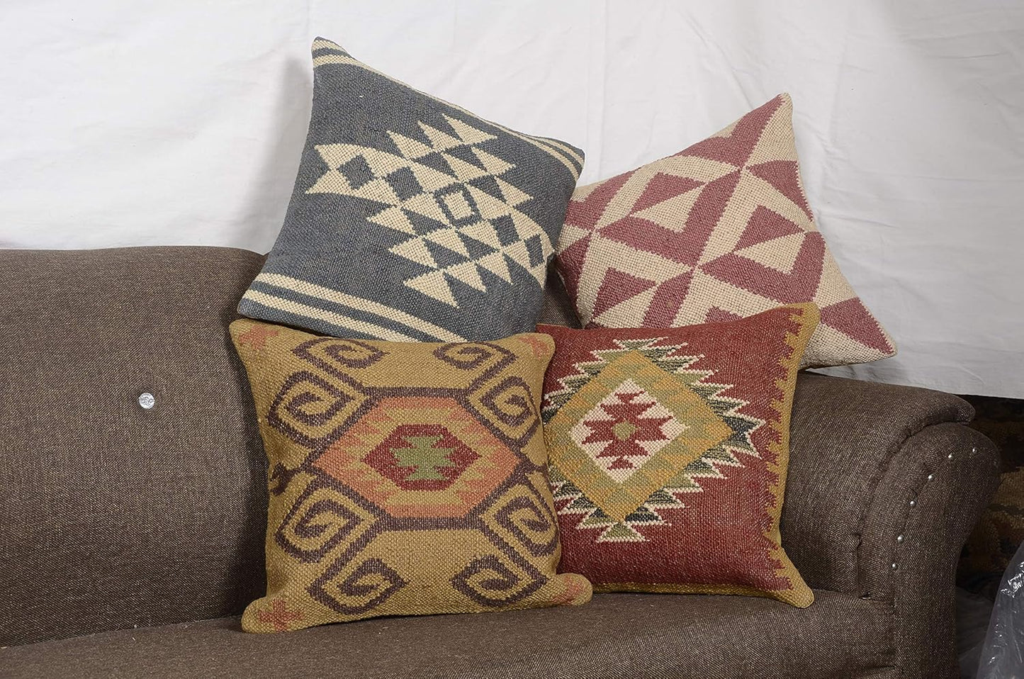Boho Throw Pillow Covers Set of 4 | Handcrafted Kilim Wool & Jute Cushion Covers | 18x18 Inch Ethnic Decorative Pillowcases for Sofa, Couch, Bedroom & Living Room – Pattern 12
