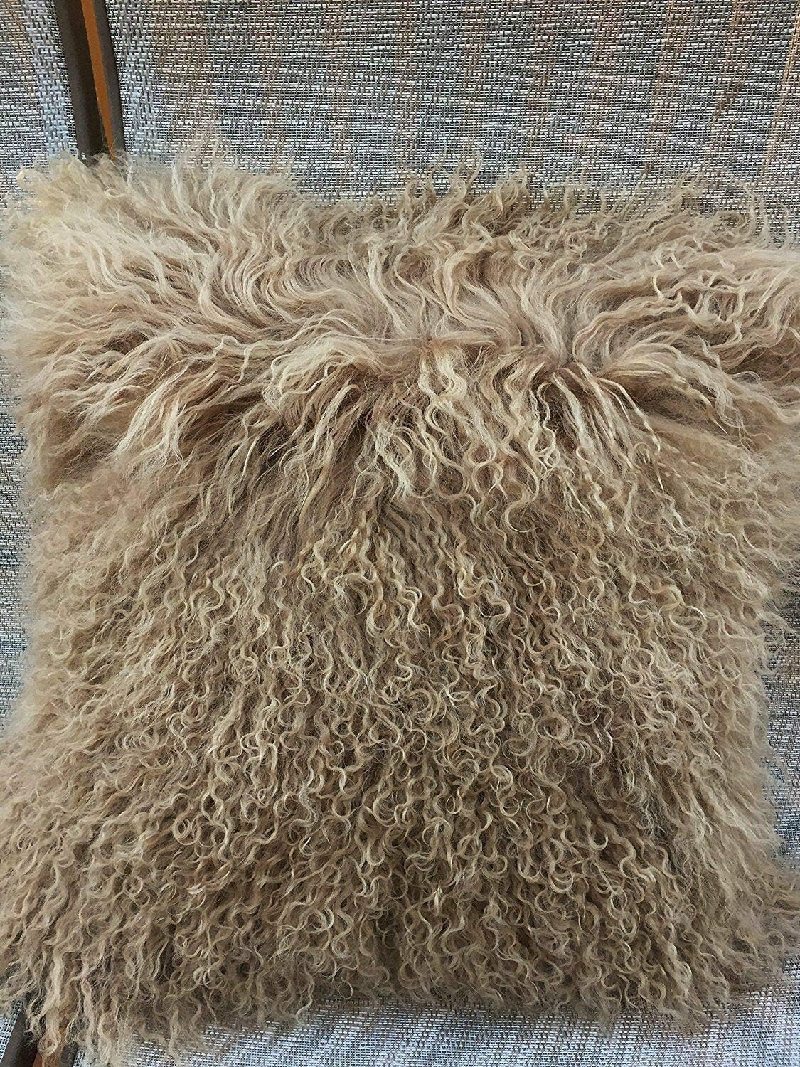 Seek4comfortable Mongolian Lamb Fur Throw Pillow Cover Real Fur Decorative Cushion Cover Pillow Case Home Decorative Square Throw Pillow Cover Plain Wool Pillow Protector, Khaki (18"x18")