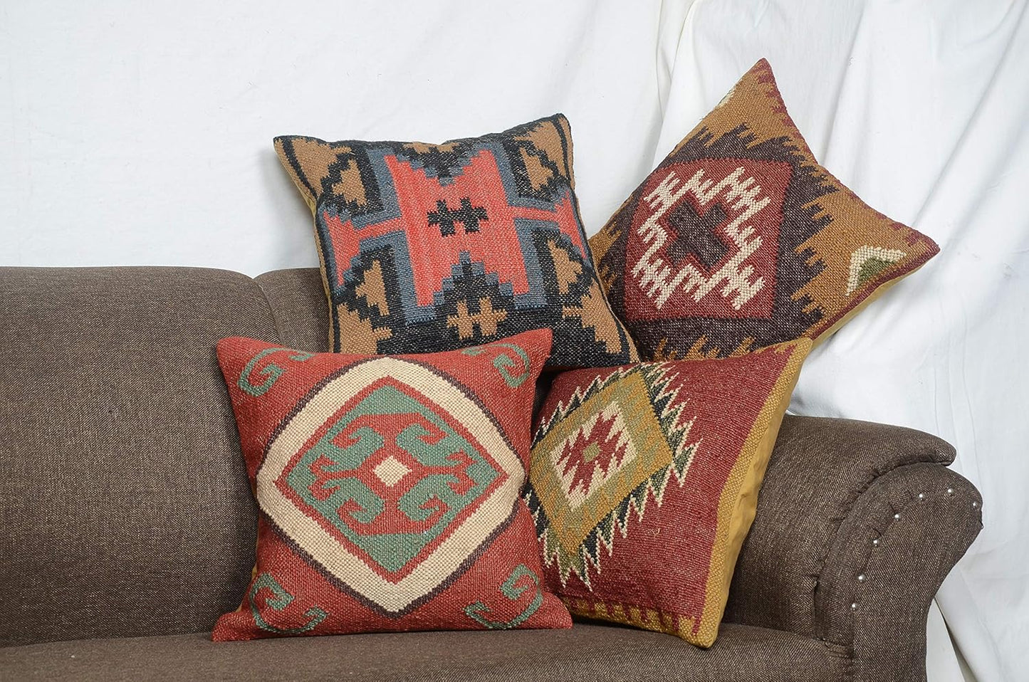 Boho Throw Pillow Covers Set of 4 | Handcrafted Kilim Wool & Jute Cushion Covers | 18x18 Inch Ethnic Decorative Pillowcases for Sofa, Couch, Bedroom & Living Room – Pattern 12