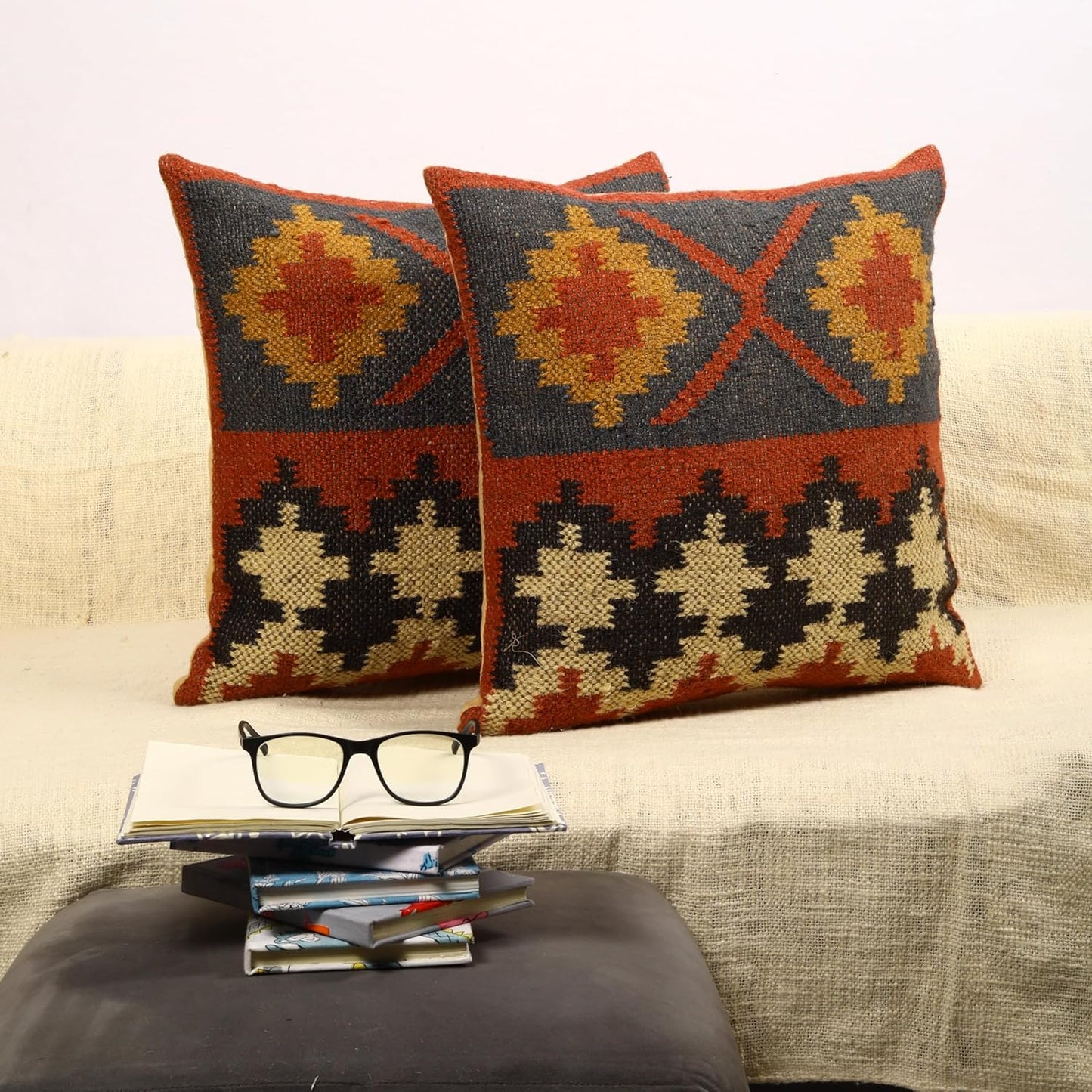 Trade Star Set of 2 Kilim Cushion Cover Handloomed Rug Decorative Cushion case 70% Jute 30% Wool Pillow Shams 18x18 Inches Handwoven Designer Pillowcase (Kilim 11)