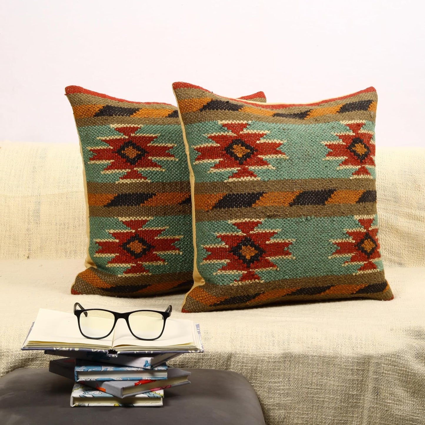 Trade Star Set of 2 Kilim Cushion Cover Handloomed Rug Decorative Cushion case 70% Jute 30% Wool Pillow Shams 18x18 Inches Handwoven Designer Pillowcase (Kilim 11)