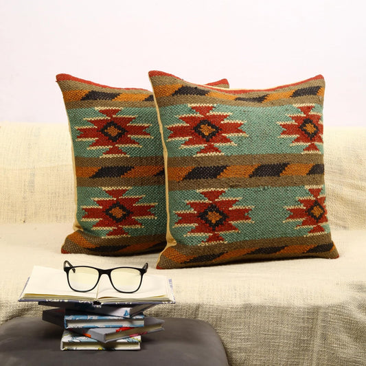 Trade Star Set of 2 Kilim Cushion Cover Handloomed Rug Decorative Cushion case 70% Jute 30% Wool Pillow Shams 18x18 Inches Handwoven Designer Pillowcase (Kilim 11)