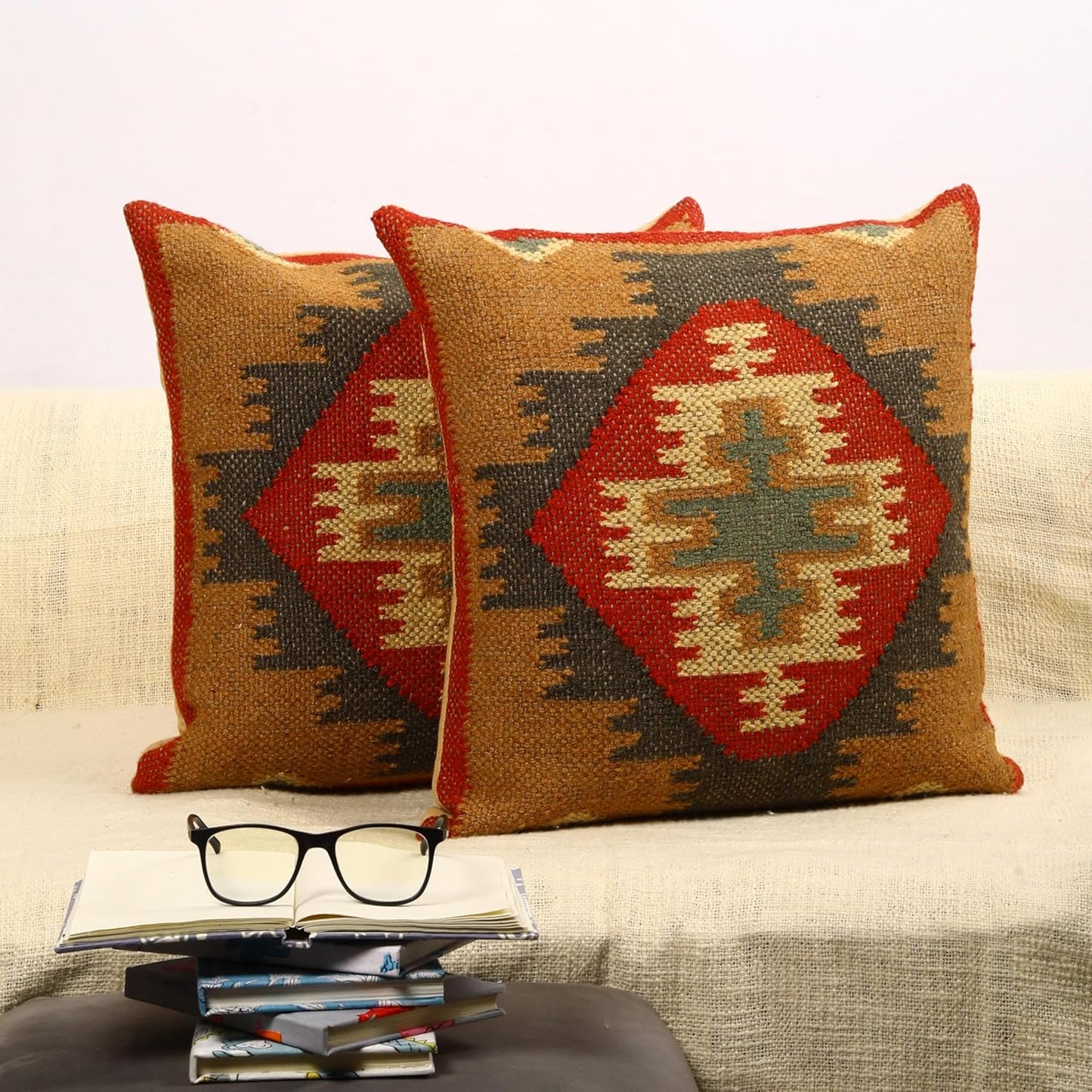 Trade Star Set of 2 Kilim Cushion Cover Handloomed Rug Decorative Cushion case 70% Jute 30% Wool Pillow Shams 18x18 Inches Handwoven Designer Pillowcase (Kilim 11)