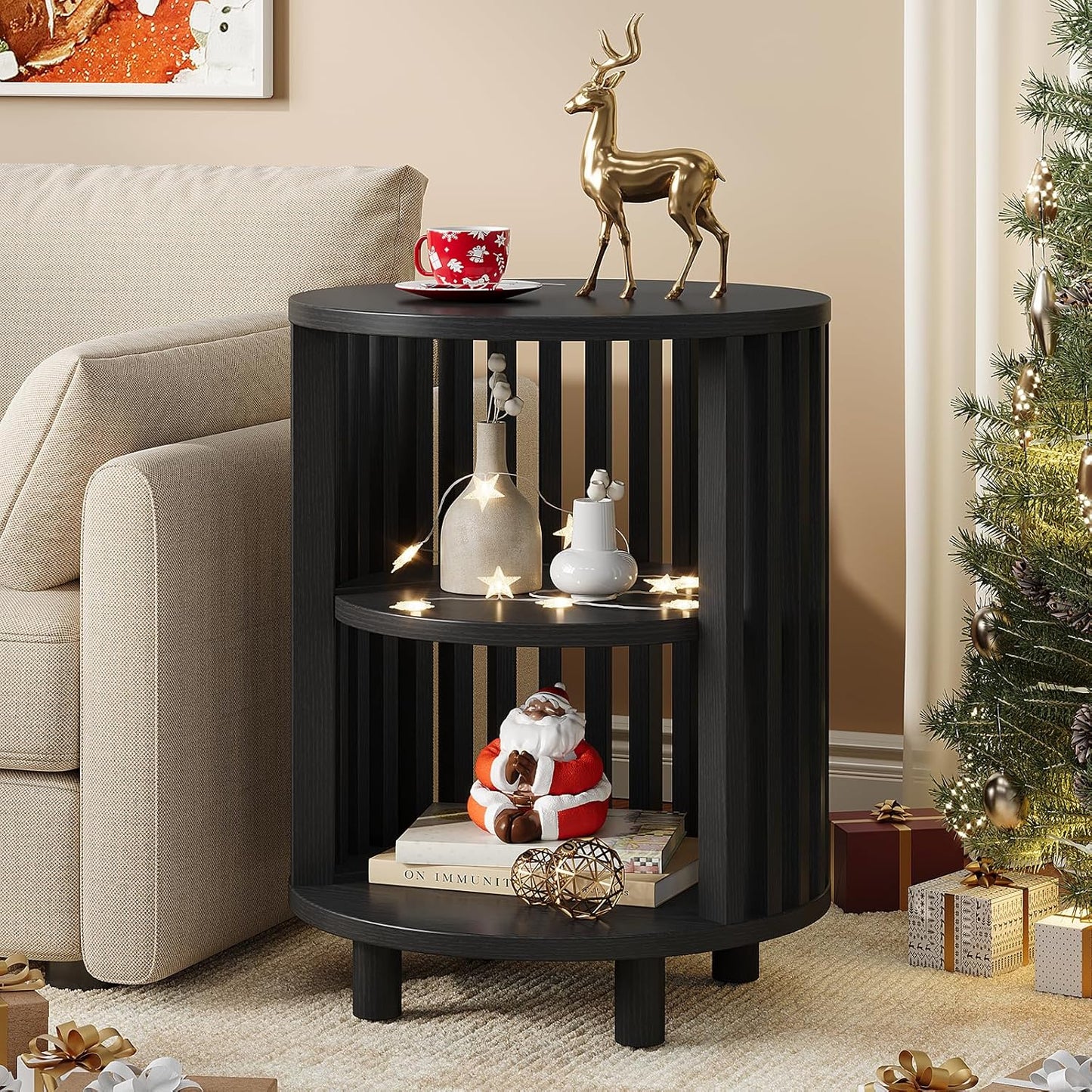 Round End Table, Wood Bedside Table, Mid Century Modern Nightstand with Open Storage Shelf, 3 Tier Small Side Tables for Living Room, Bedroom, Curved Profile Design, Natural Oak(1-Pack)