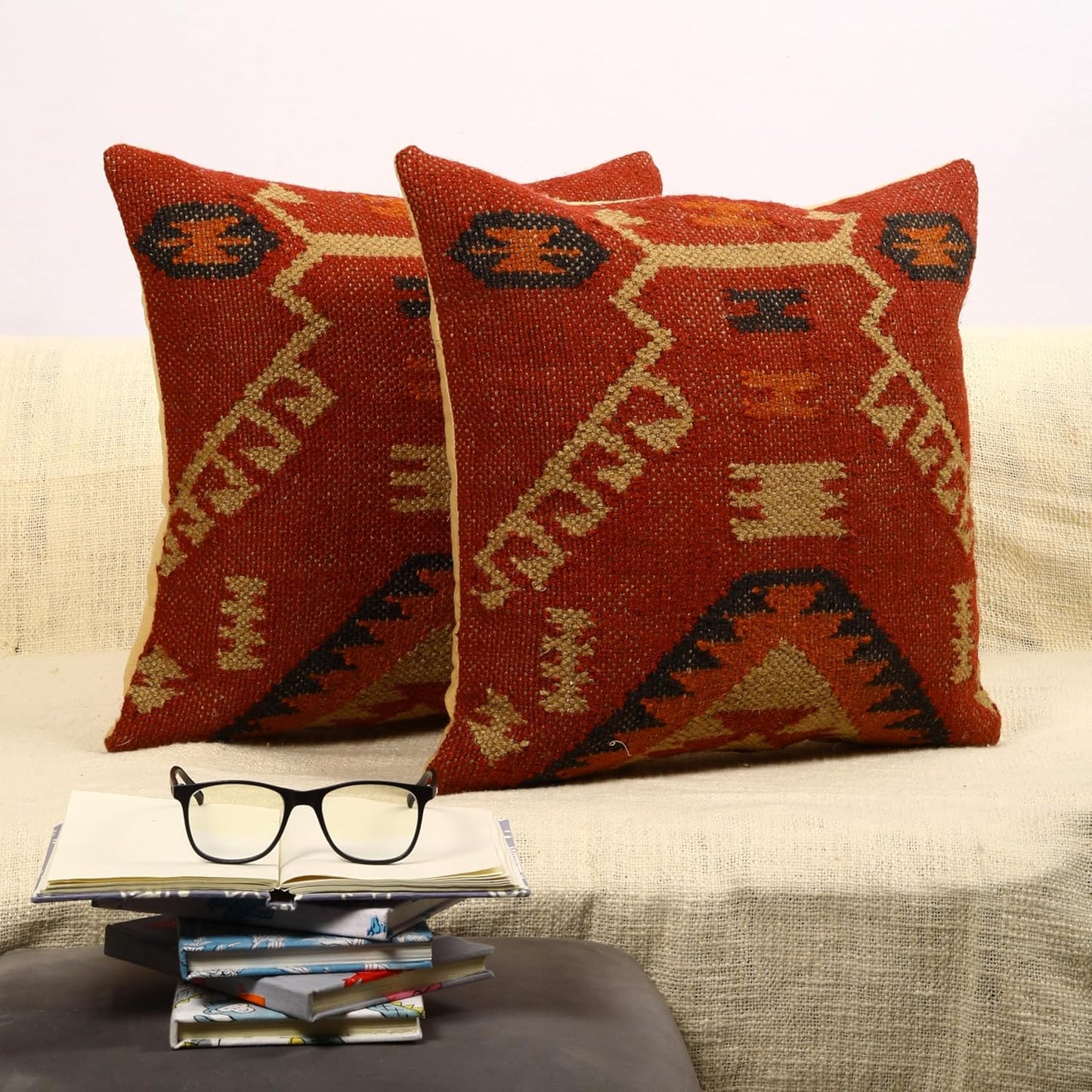 Trade Star Set of 2 Kilim Cushion Cover Handloomed Rug Decorative Cushion case 70% Jute 30% Wool Pillow Shams 18x18 Inches Handwoven Designer Pillowcase (Kilim 11)