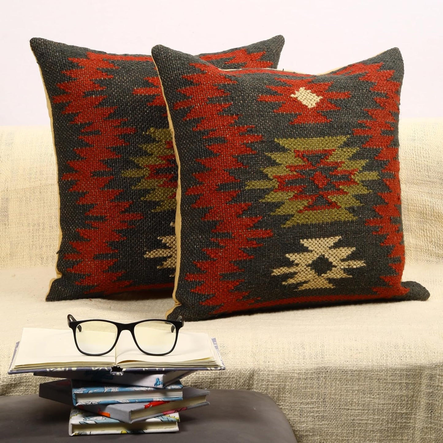 Trade Star Set of 2 Kilim Cushion Cover Handloomed Rug Decorative Cushion case 70% Jute 30% Wool Pillow Shams 18x18 Inches Handwoven Designer Pillowcase (Kilim 11)