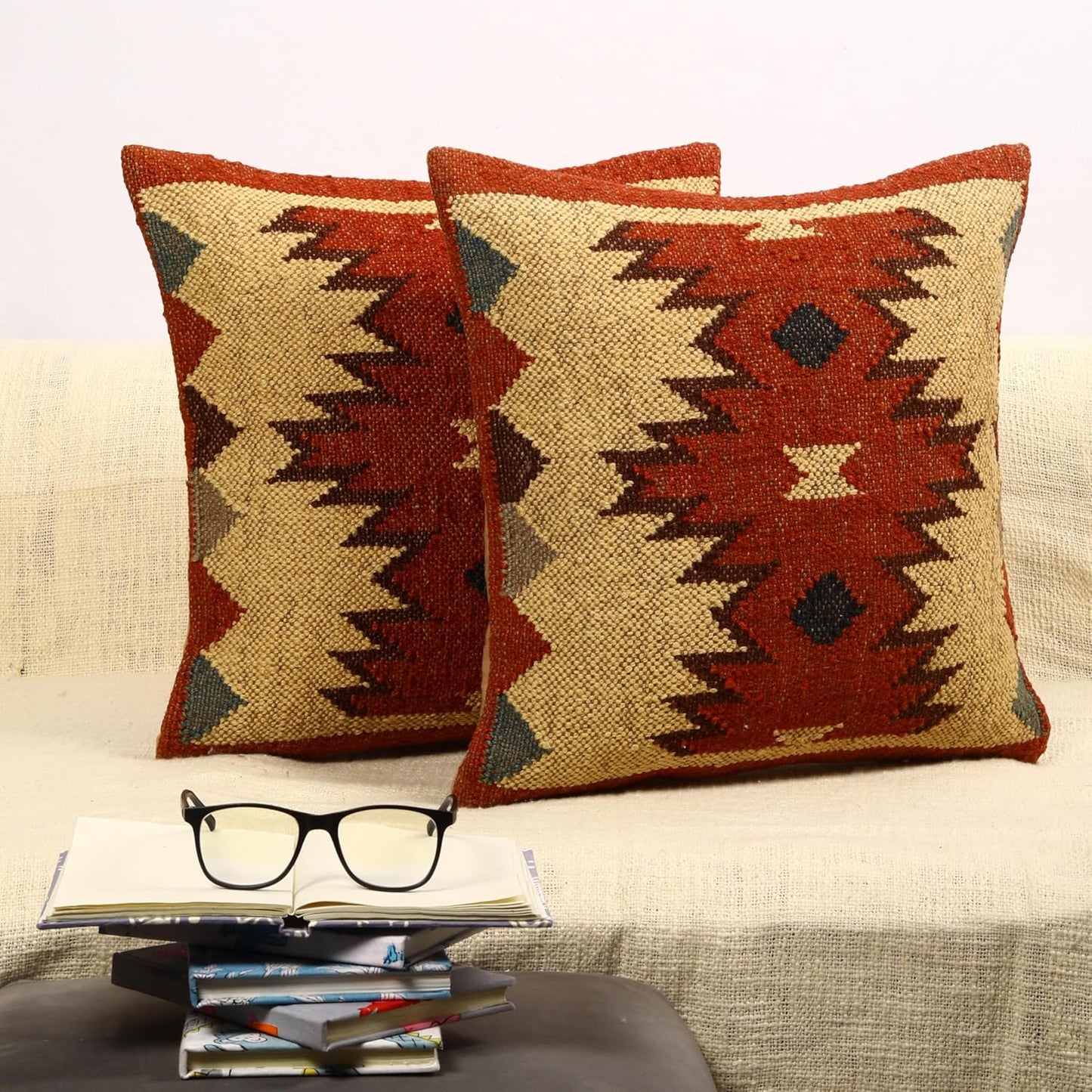 Trade Star Set of 2 Kilim Cushion Cover Handloomed Rug Decorative Cushion case 70% Jute 30% Wool Pillow Shams 18x18 Inches Handwoven Designer Pillowcase (Kilim 11)