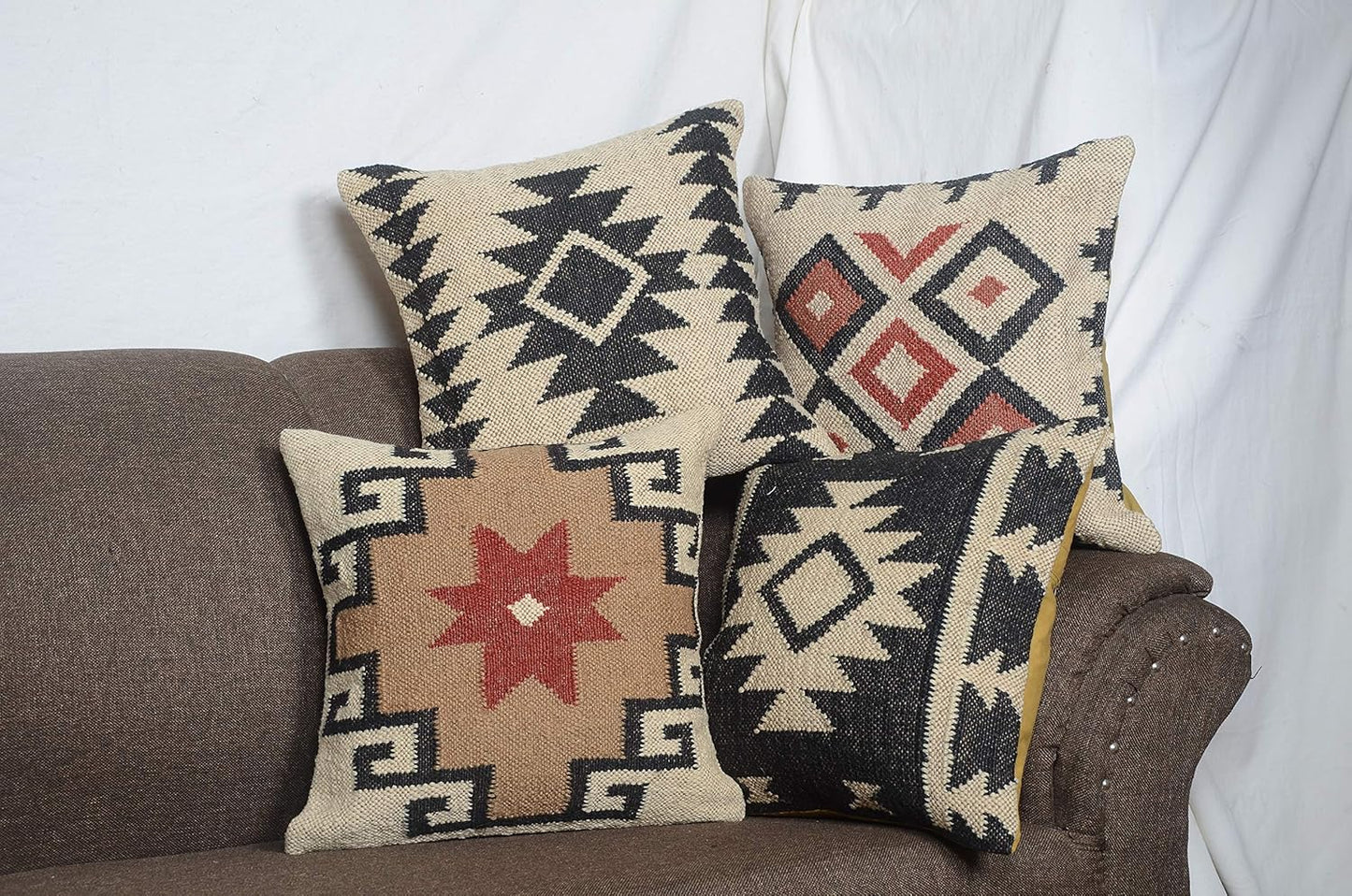 Boho Throw Pillow Covers Set of 4 | Handcrafted Kilim Wool & Jute Cushion Covers | 18x18 Inch Ethnic Decorative Pillowcases for Sofa, Couch, Bedroom & Living Room – Pattern 12