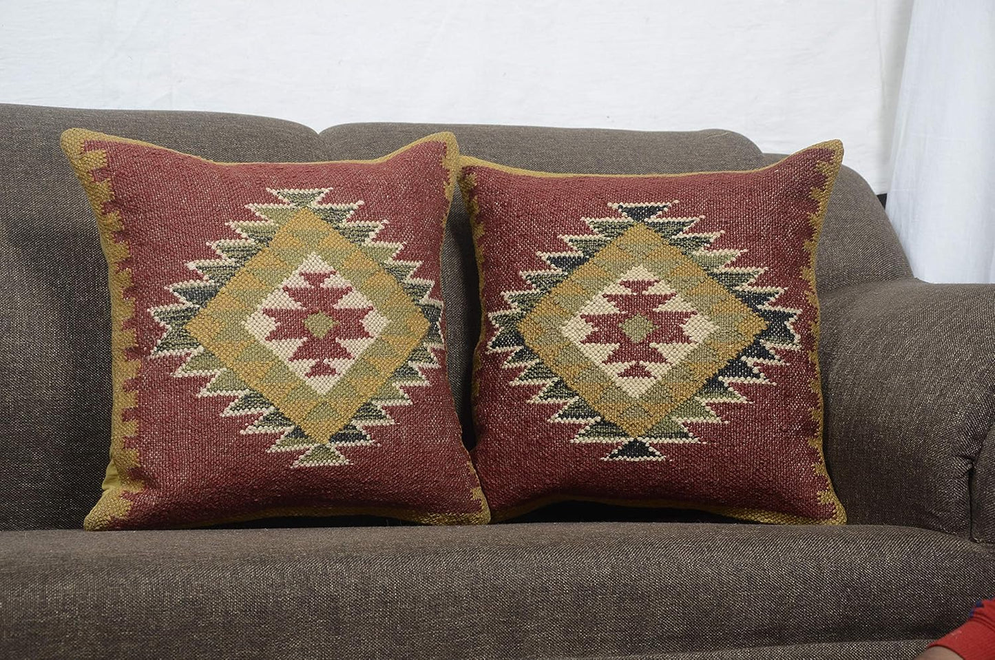Boho Throw Pillow Covers Set of 4 | Handcrafted Kilim Wool & Jute Cushion Covers | 18x18 Inch Ethnic Decorative Pillowcases for Sofa, Couch, Bedroom & Living Room – Pattern 12