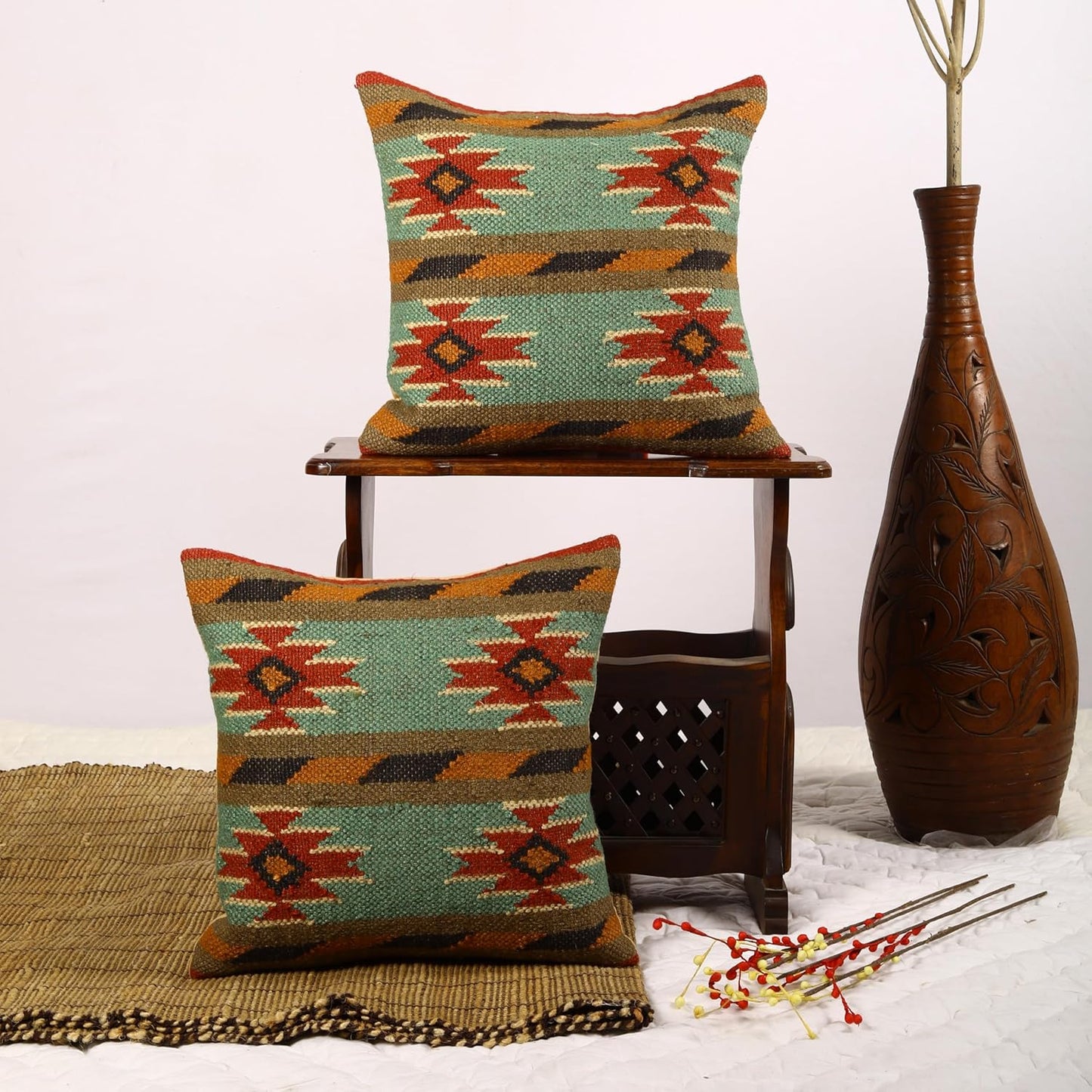 Trade Star Set of 2 Kilim Cushion Cover Handloomed Rug Decorative Cushion case 70% Jute 30% Wool Pillow Shams 18x18 Inches Handwoven Designer Pillowcase (Kilim 11)