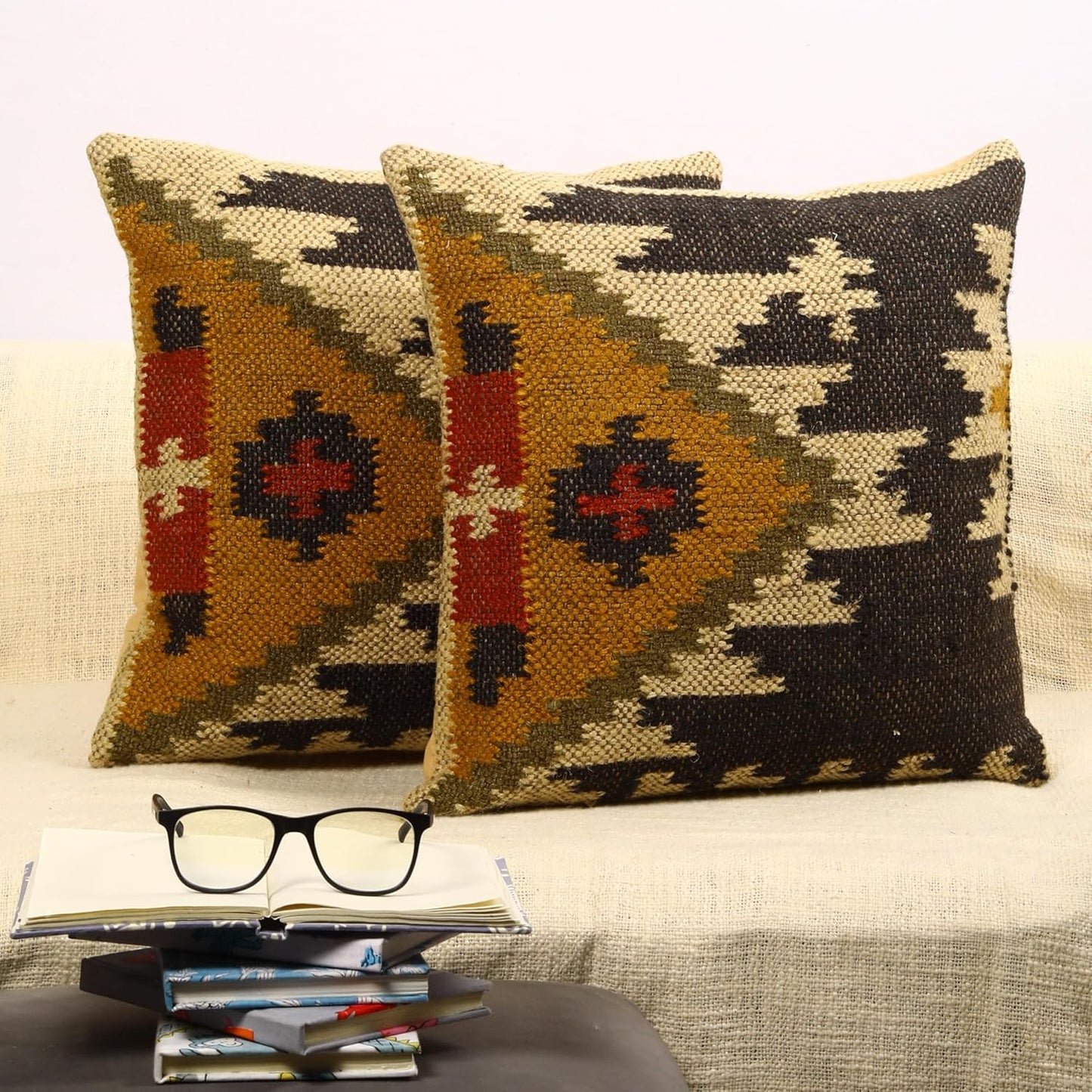 Trade Star Set of 2 Kilim Cushion Cover Handloomed Rug Decorative Cushion case 70% Jute 30% Wool Pillow Shams 18x18 Inches Handwoven Designer Pillowcase (Kilim 11)