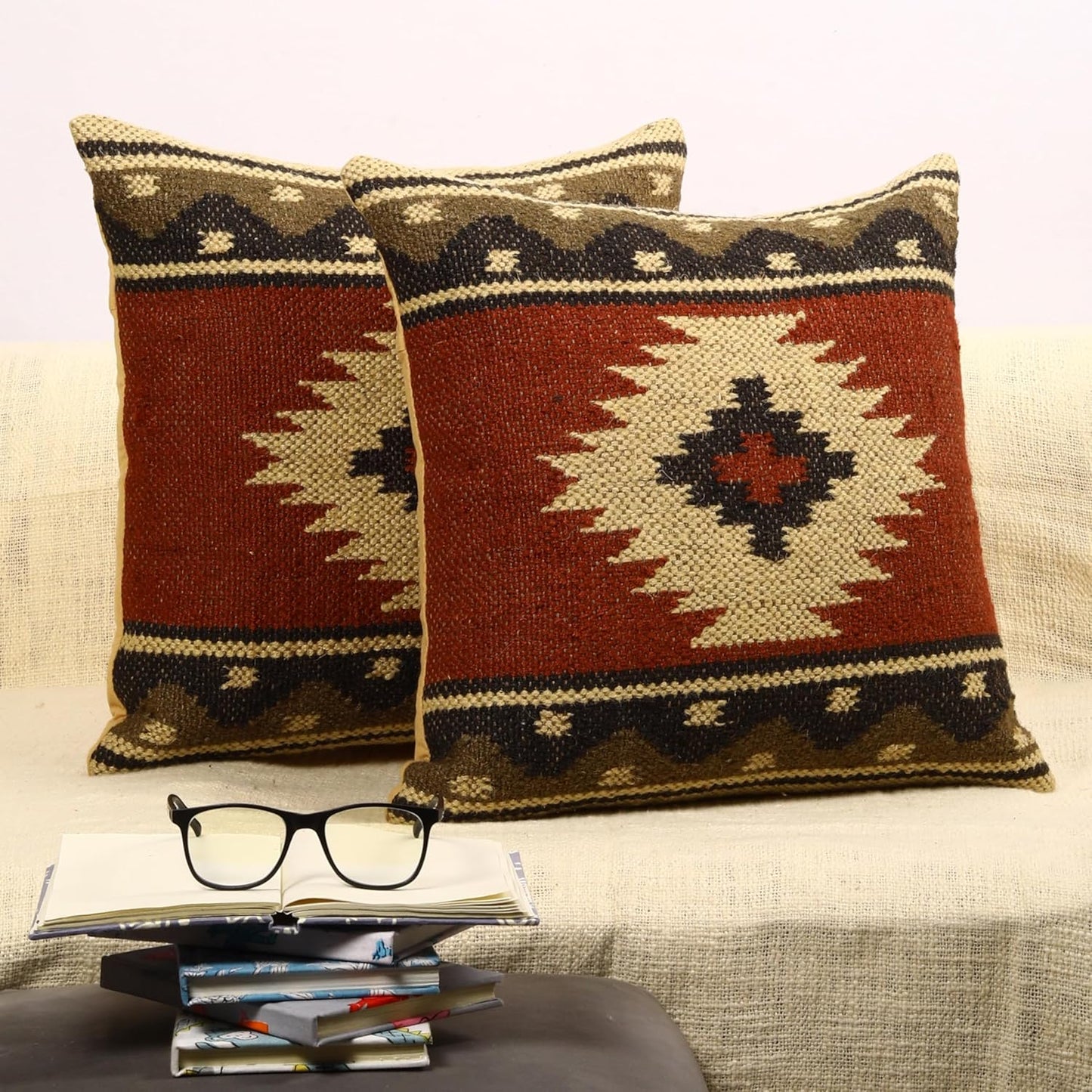 Trade Star Set of 2 Kilim Cushion Cover Handloomed Rug Decorative Cushion case 70% Jute 30% Wool Pillow Shams 18x18 Inches Handwoven Designer Pillowcase (Kilim 11)