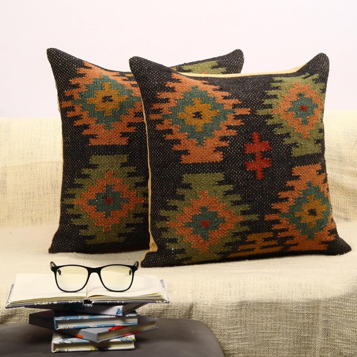 Trade Star Set of 2 Kilim Cushion Cover Handloomed Rug Decorative Cushion case 70% Jute 30% Wool Pillow Shams 18x18 Inches Handwoven Designer Pillowcase (Kilim 11)