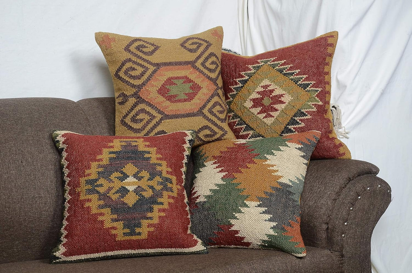 Boho Throw Pillow Covers Set of 4 | Handcrafted Kilim Wool & Jute Cushion Covers | 18x18 Inch Ethnic Decorative Pillowcases for Sofa, Couch, Bedroom & Living Room – Pattern 12