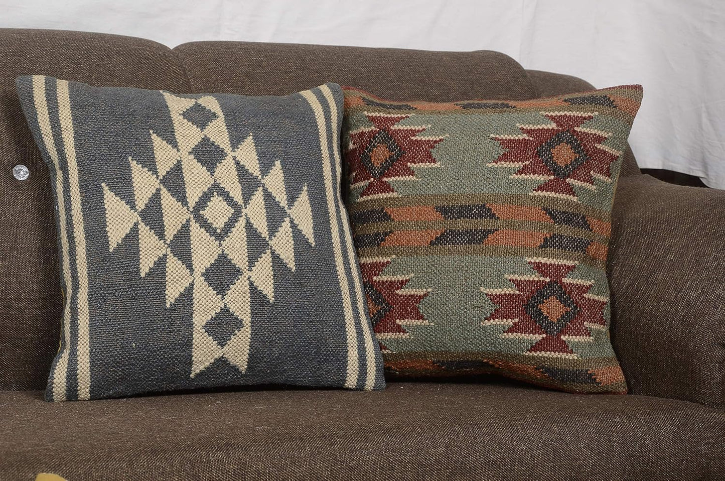 Boho Throw Pillow Covers Set of 4 | Handcrafted Kilim Wool & Jute Cushion Covers | 18x18 Inch Ethnic Decorative Pillowcases for Sofa, Couch, Bedroom & Living Room – Pattern 12