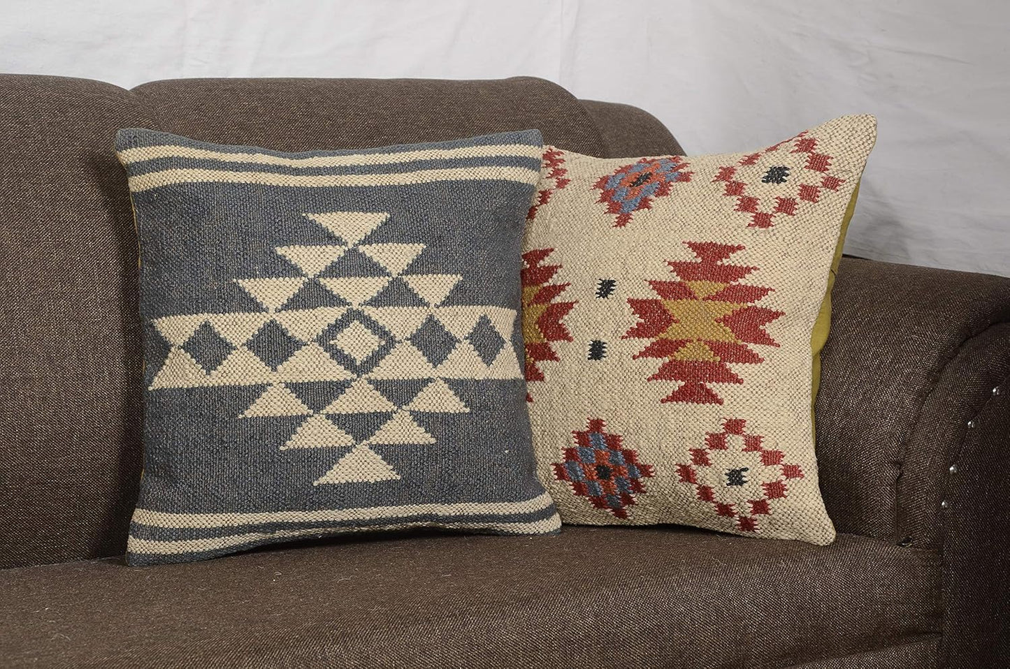 Boho Throw Pillow Covers Set of 4 | Handcrafted Kilim Wool & Jute Cushion Covers | 18x18 Inch Ethnic Decorative Pillowcases for Sofa, Couch, Bedroom & Living Room – Pattern 12